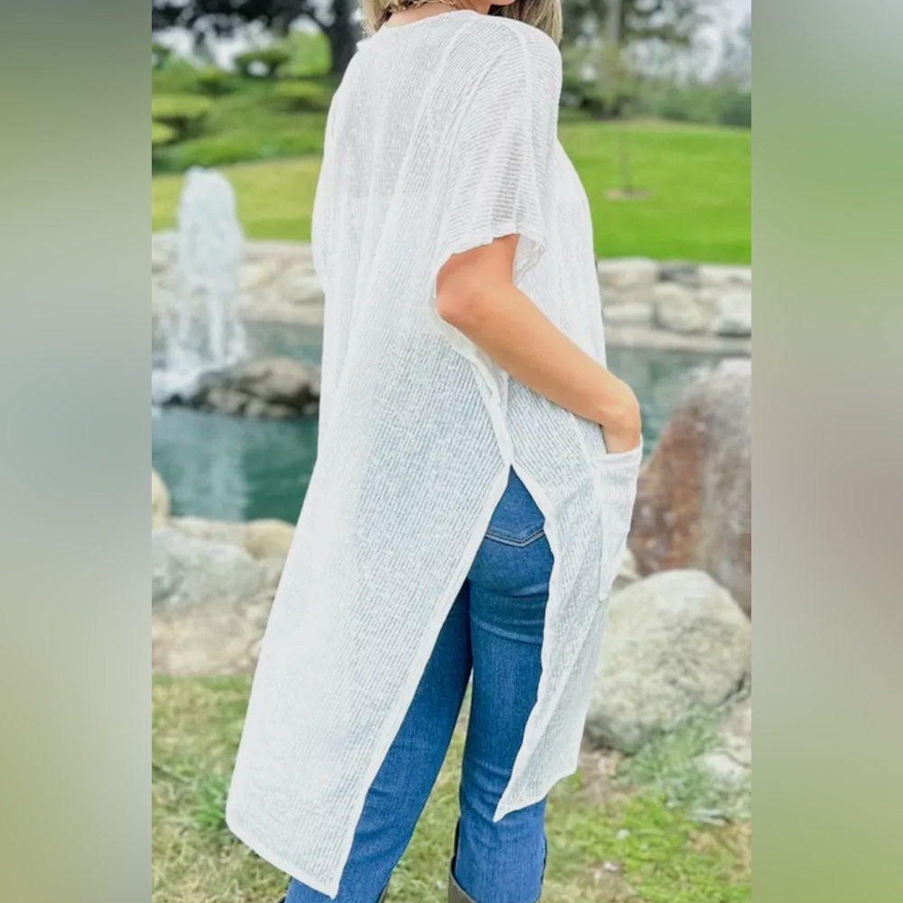 White Open-Front Sheer Lightweight Kimono Cardigan with Pockets - Picture 3 of 6